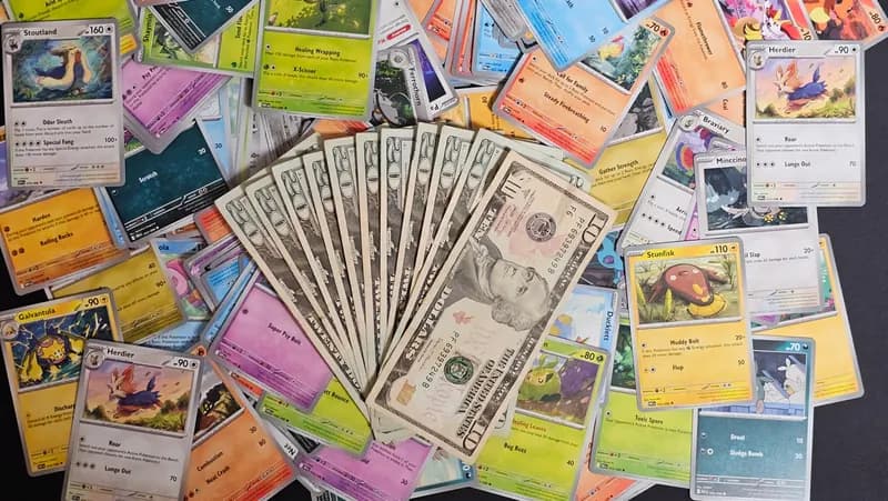 A fan of ten dollar notes laid over a spread of Pokémon cards